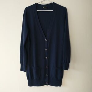 Lord&Taylor Cardigan Sweater Womens S Blue Merino Wool V Neck Pocket Long Line